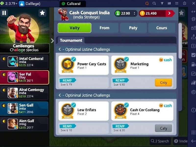 Tournament Challenges in Cash Conquest India Cash Conquest India tournament screen showing multiple challenge options