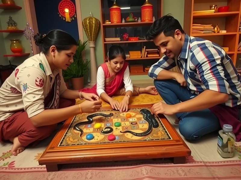 Traditional Indian Snakes and Ladders Board Traditional Snakes and Ladders board game setup