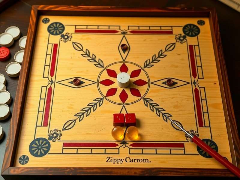 Official Zippy Carrom Conqueror Game Setup Zippy Carrom Conqueror game setup with pieces and striker