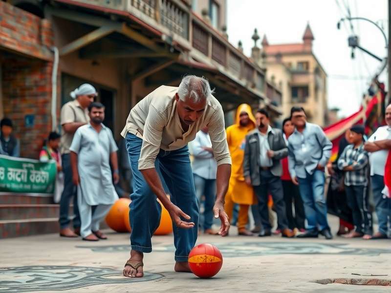 Traditional Indian street game setting showing bowling action