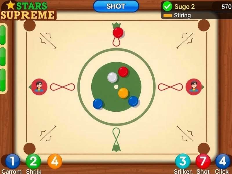 Carrom Board Setup and Pieces Carrom board setup with pieces and striker placement