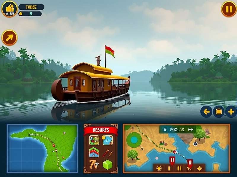 Bountiful Backwater Trek gameplay screenshot showing houseboat navigation