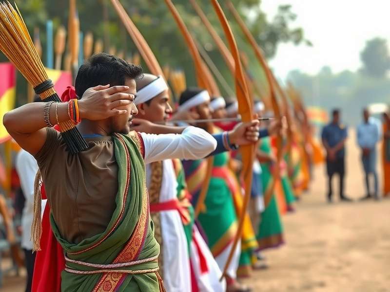 Traditional Bharat Arrow Expert equipment display including bows and arrows