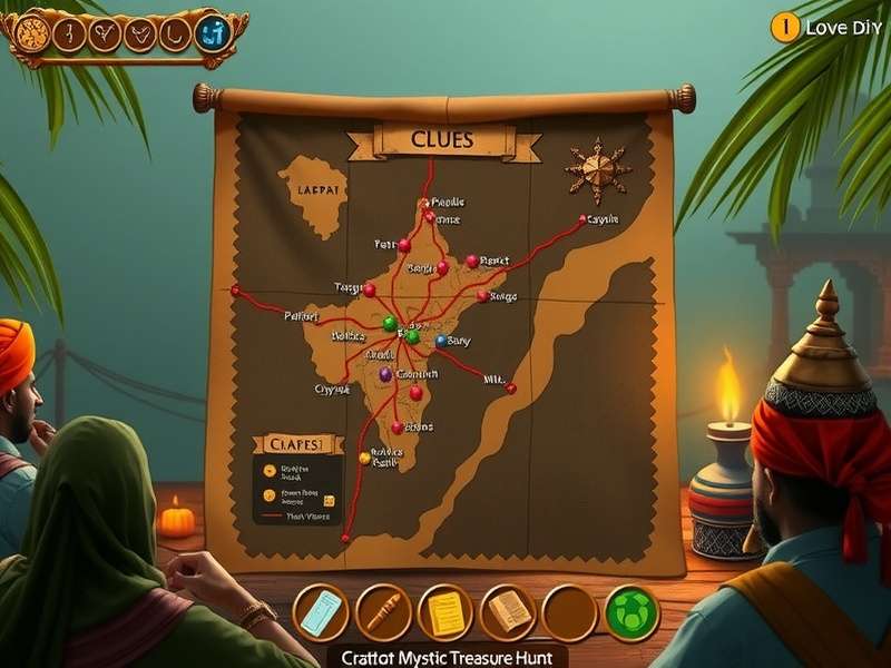 Mystic Treasure Hunt gameplay interface showing map and clues